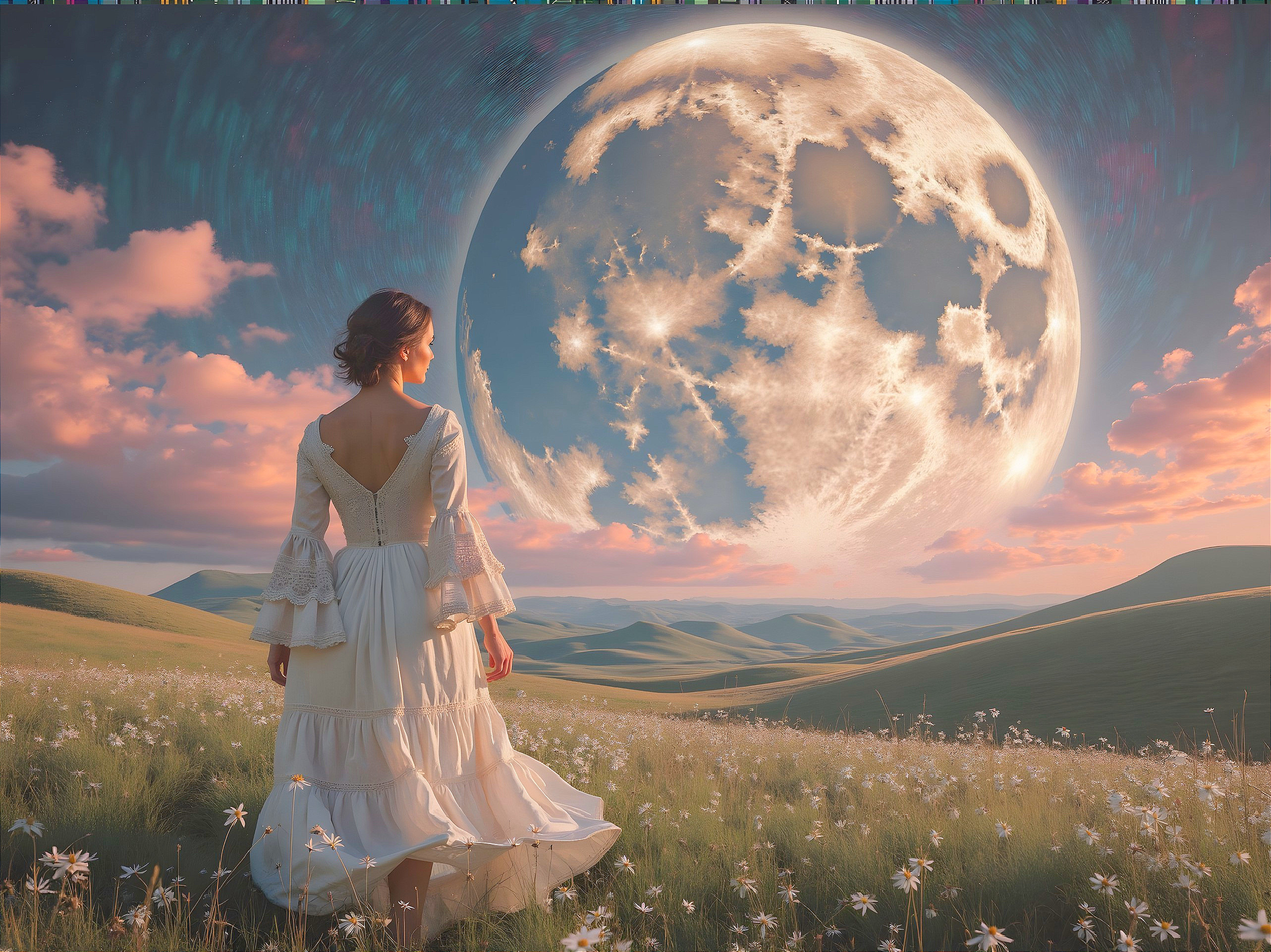 Woman in White Dress in Lush Meadow Under Moonlight