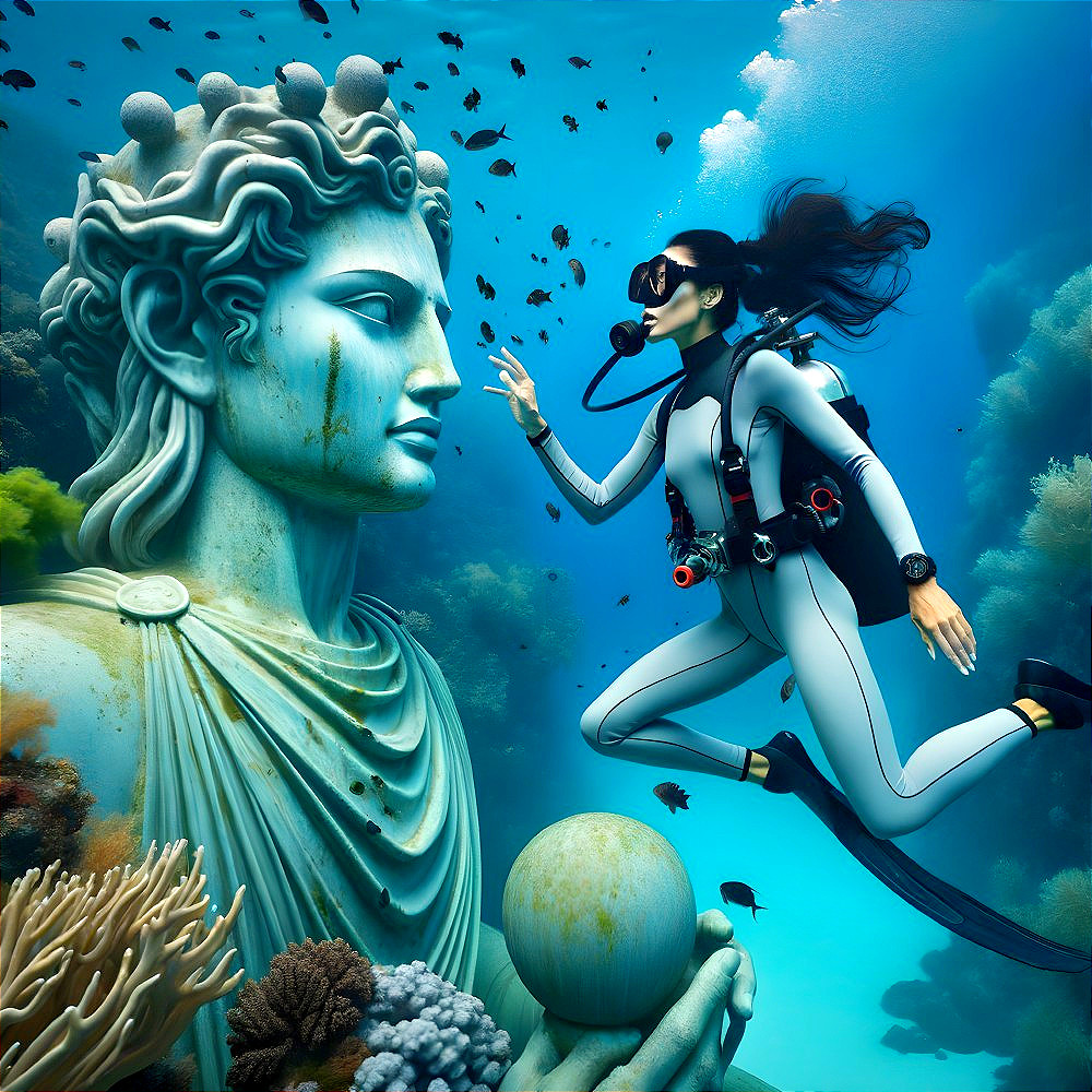 Diver Explores Ancient Statue in Vibrant Coral Reef