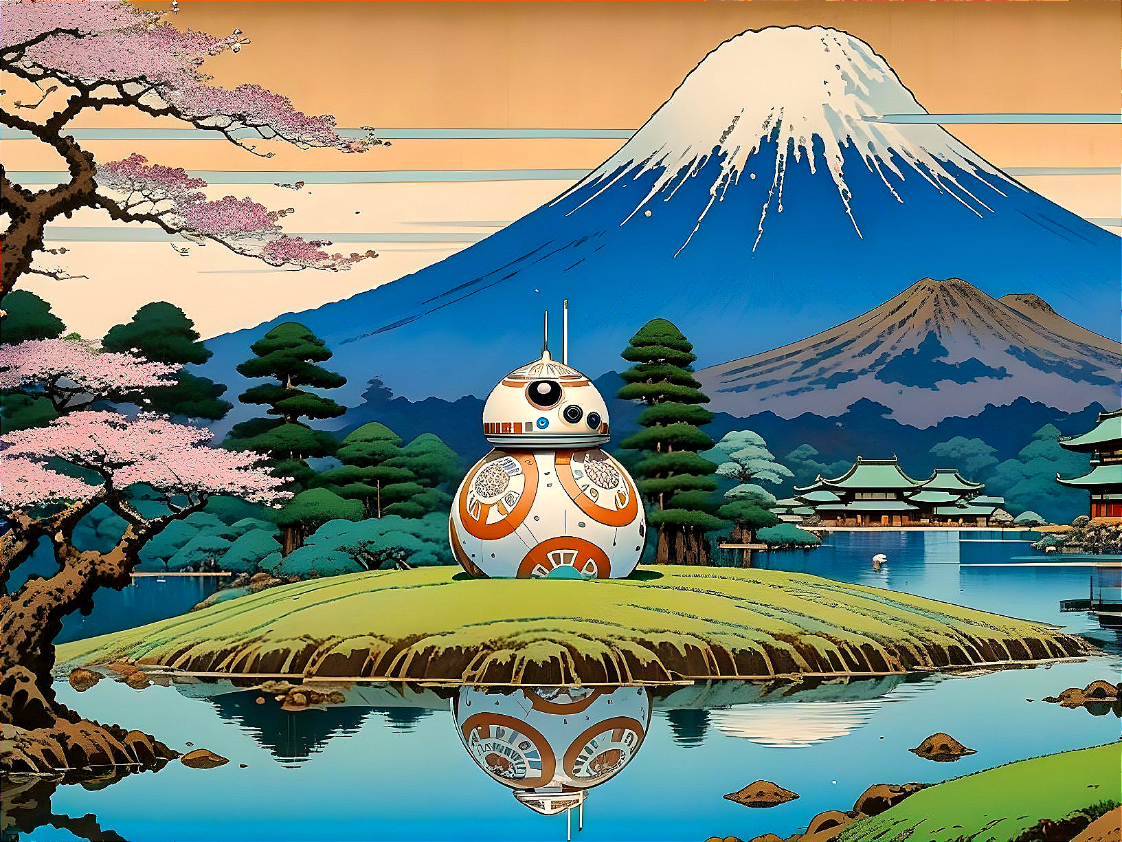 Stylized BB-8 Droid on Island with Mount Fuji Background