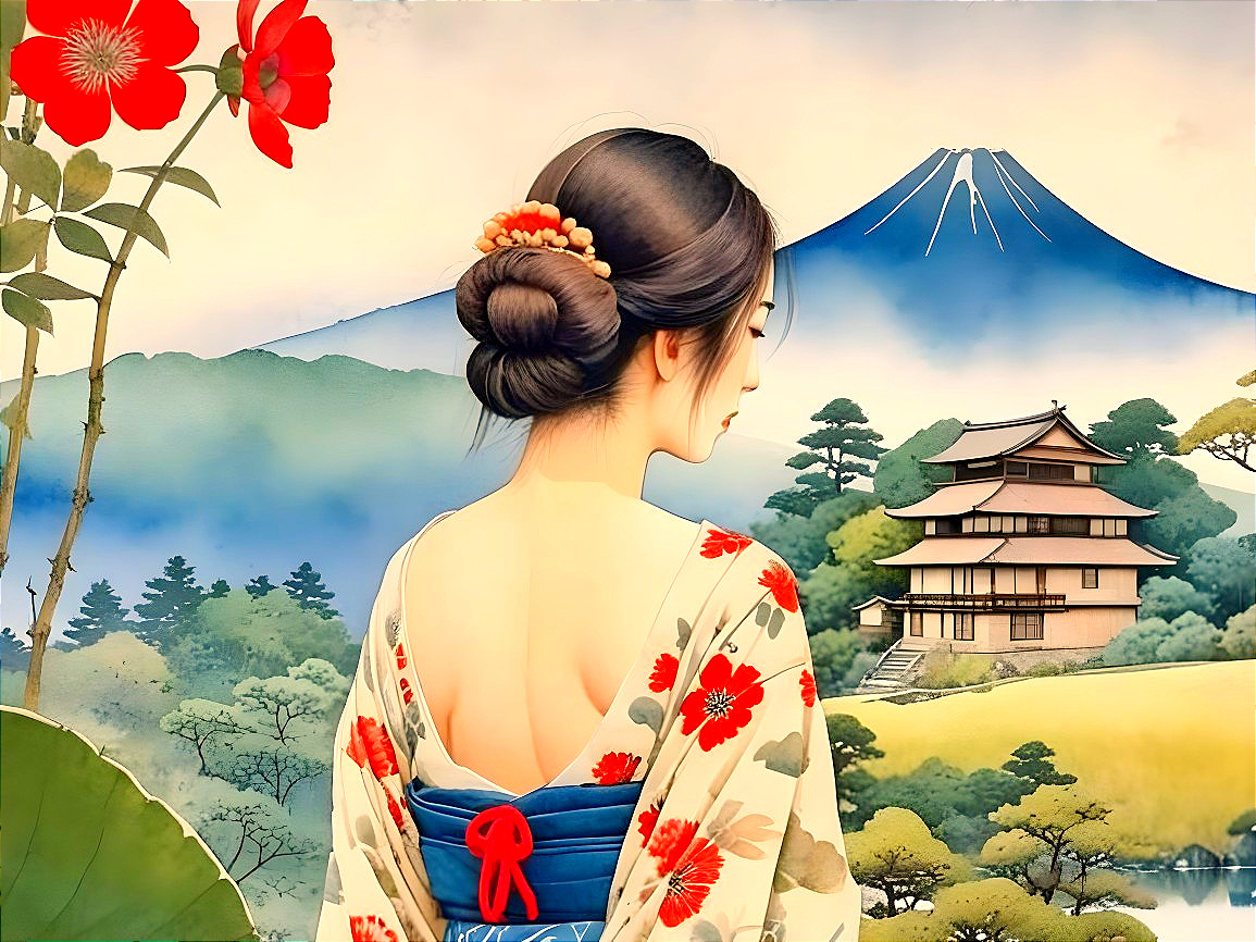 Serene Landscape with Woman in Floral Kimono