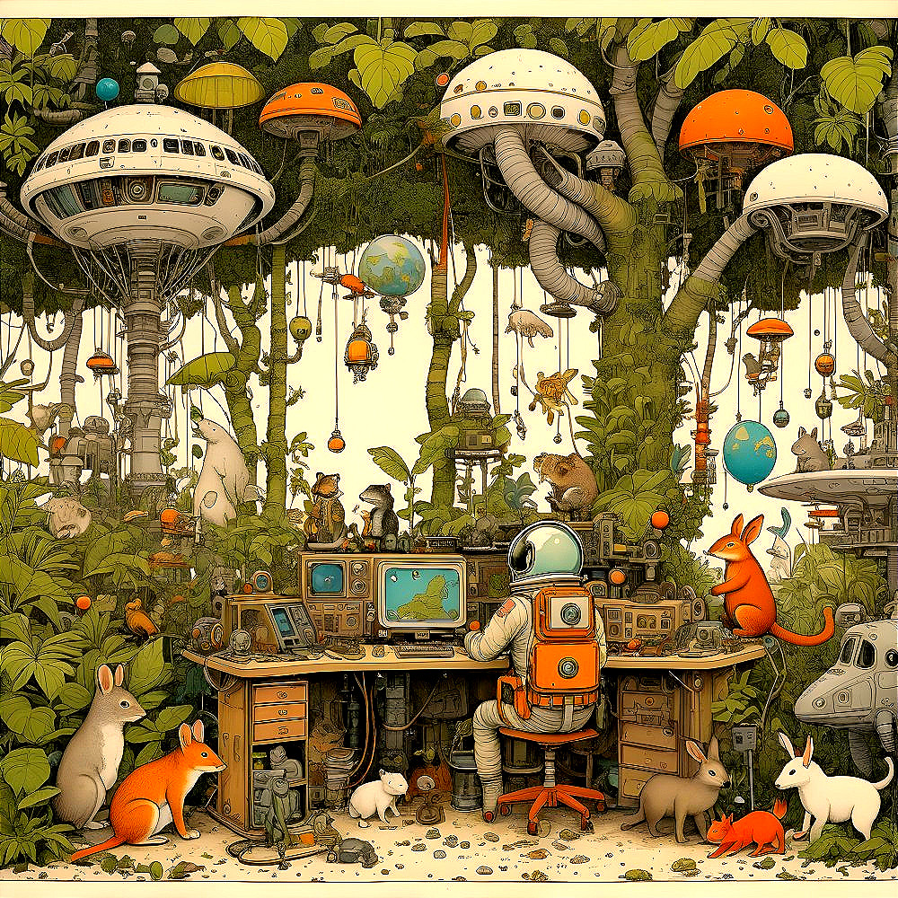 Astronaut in Jungle with Animals and Futuristic Gadgets