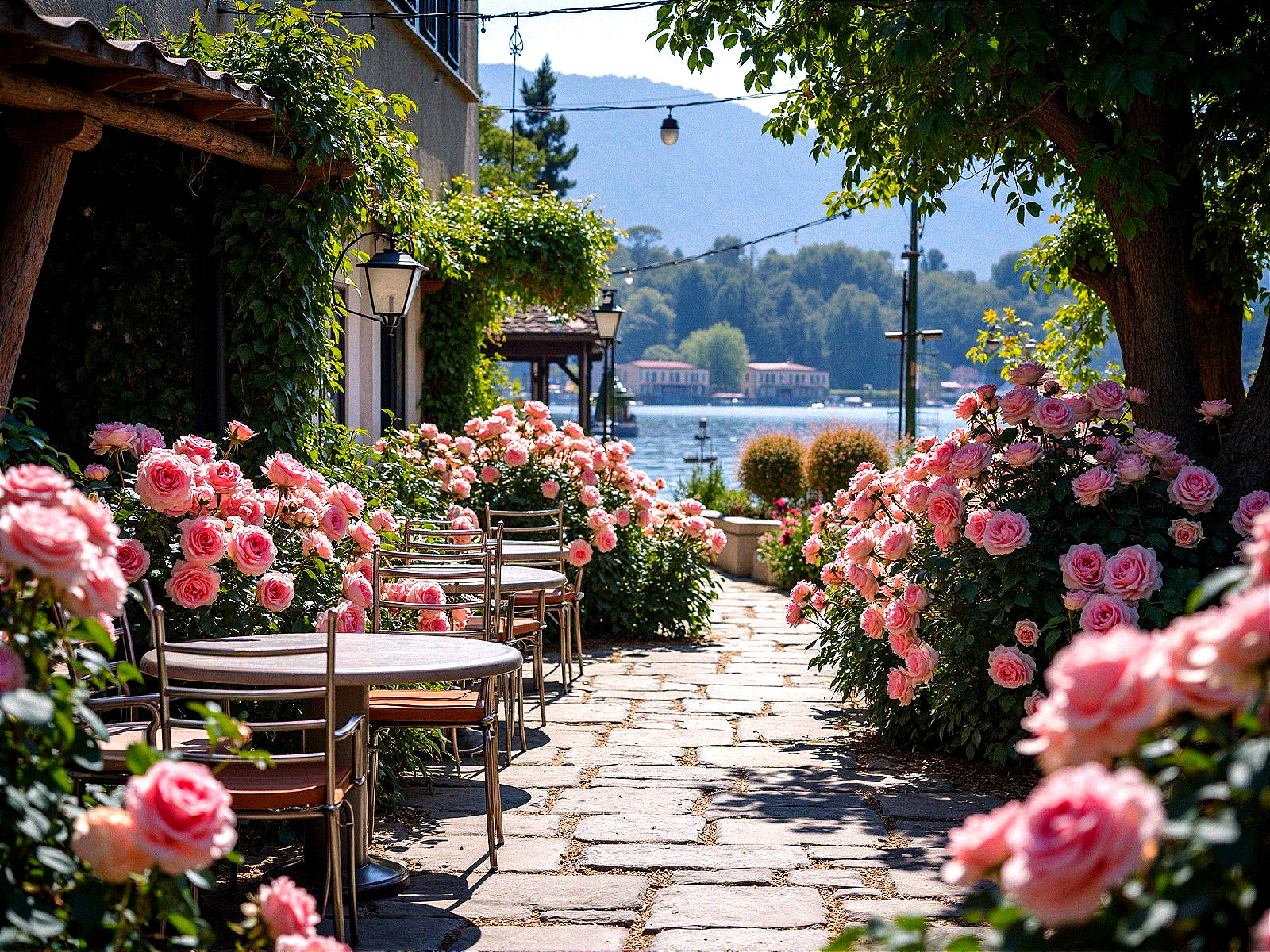 Pathway with Pink Roses Leading to Lakeside View