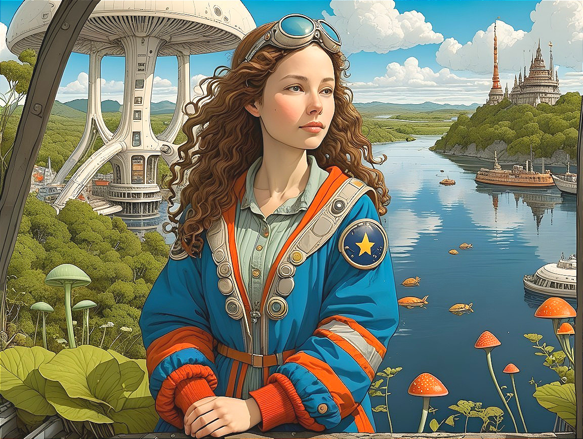 Young woman in colorful jacket in futuristic landscape