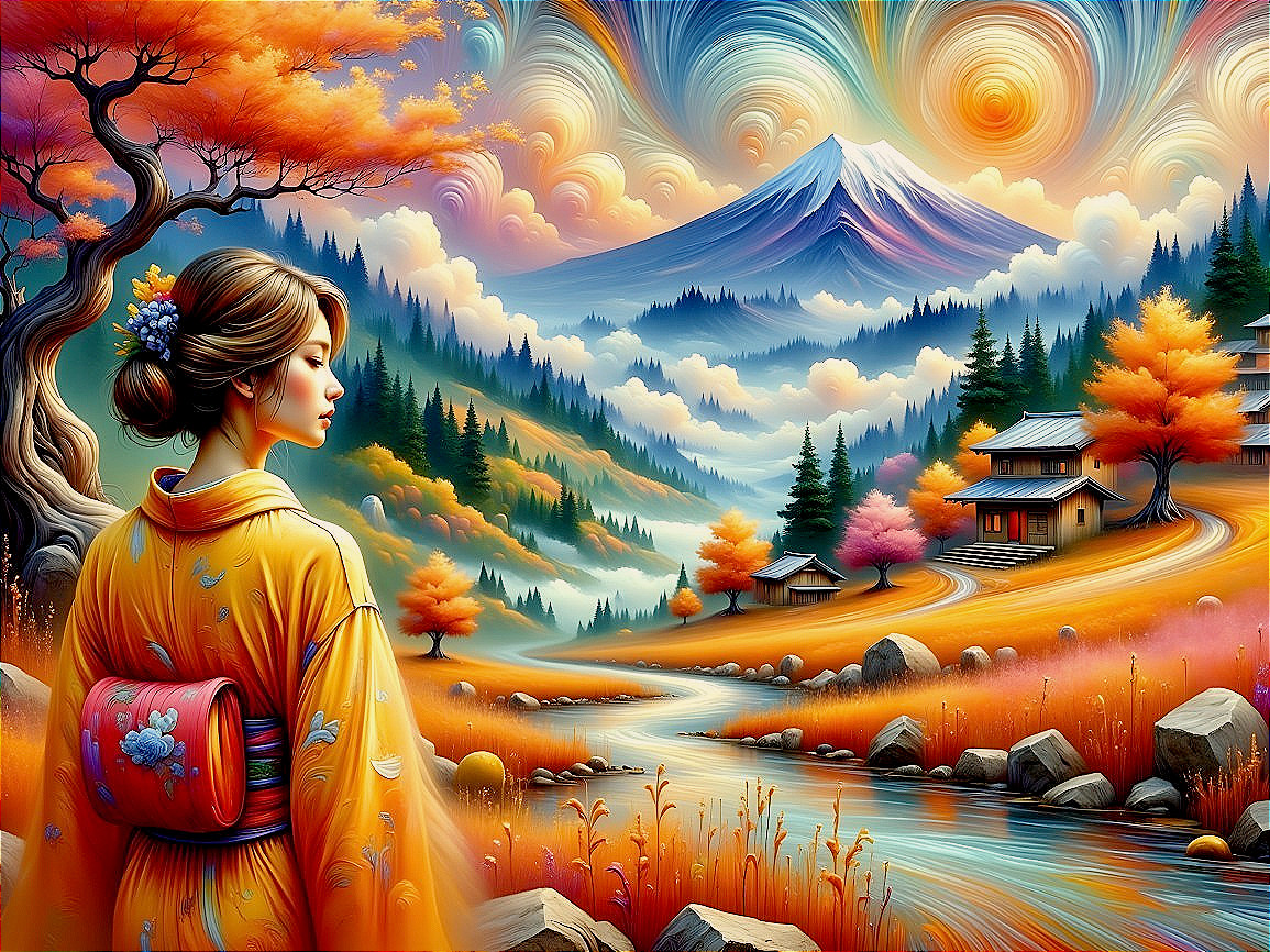 Serene landscape with a woman in a kimono by Mount Fuji