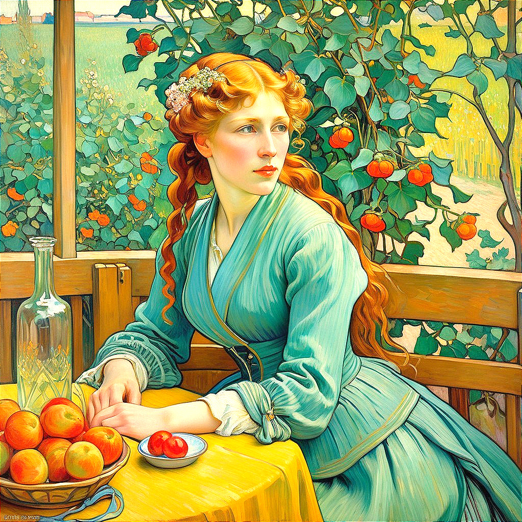 Young woman with red hair in a fruit-adorned setting