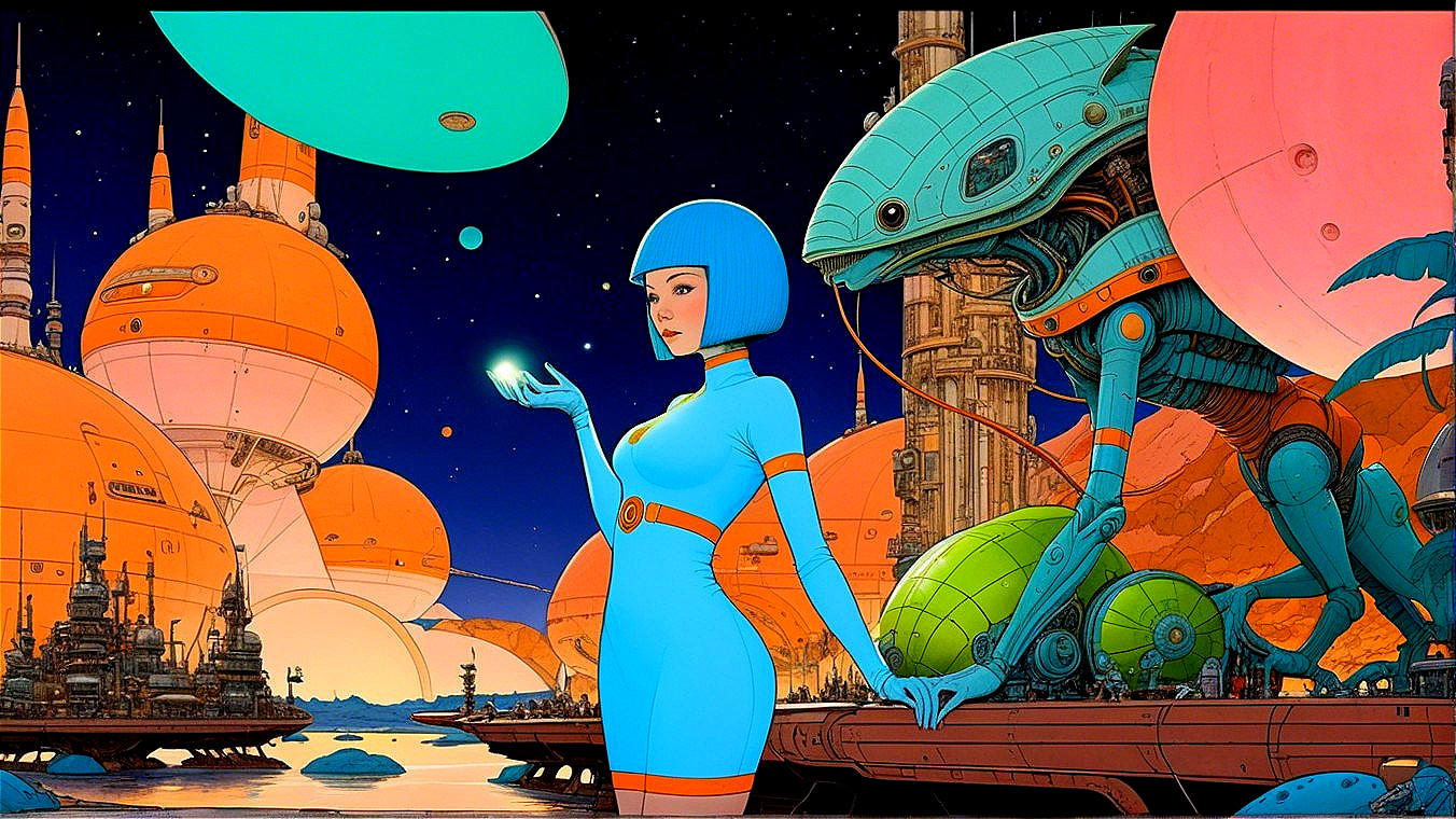 Futuristic city with vibrant landscapes and aliens