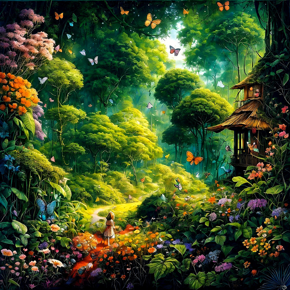 Serene forest scene with flowers, butterflies, and a house