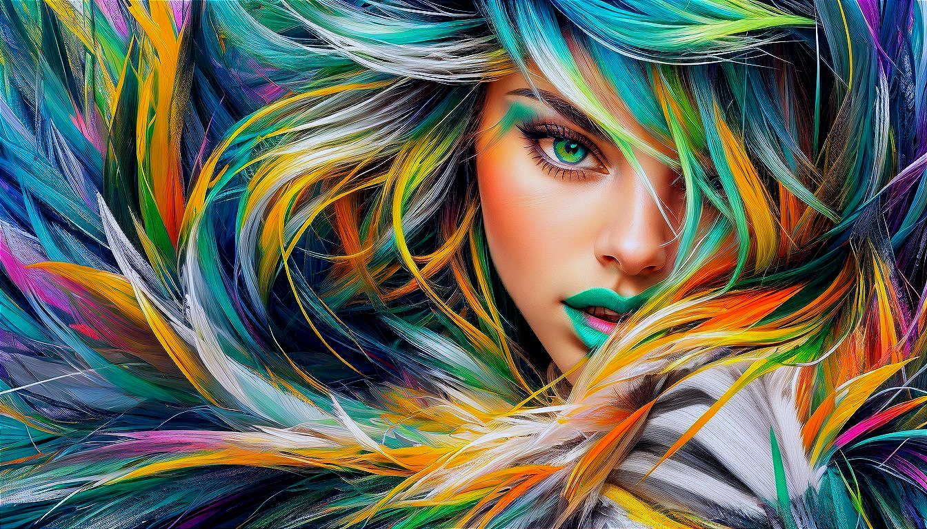 Close-up of a woman with vibrant multicolored hair