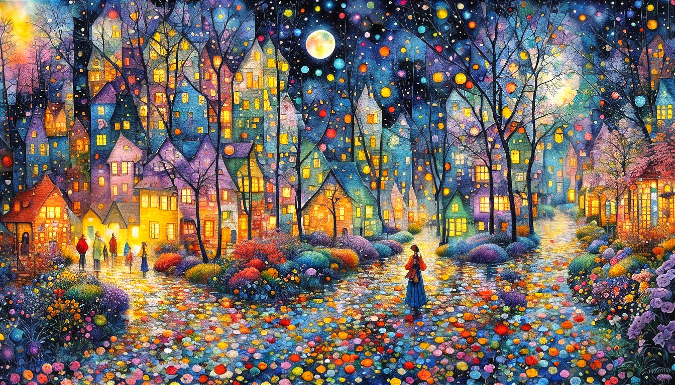 Whimsical Town Night Scene with Colorful Lights