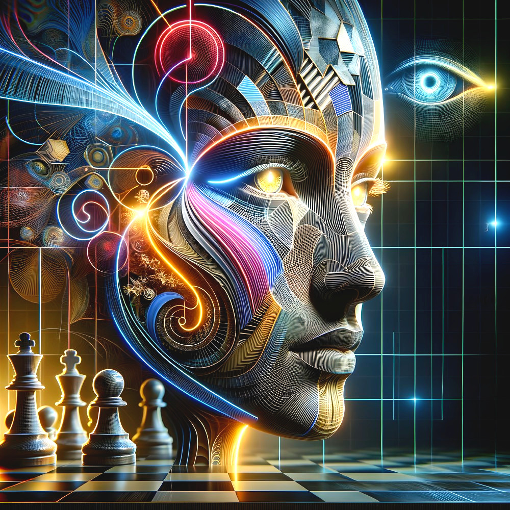 Futuristic Human Face with Digital Patterns and Chessboard