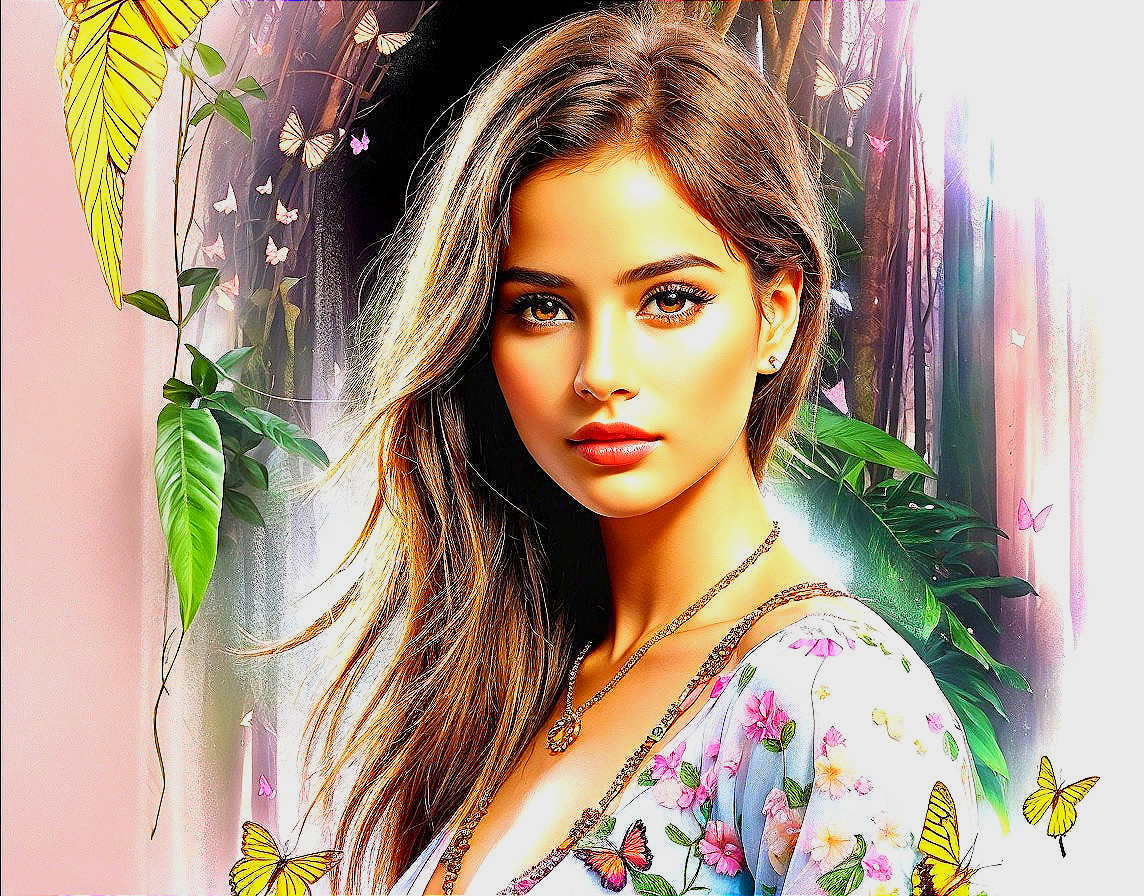 Young woman in floral dress amid vibrant foliage and butterflies