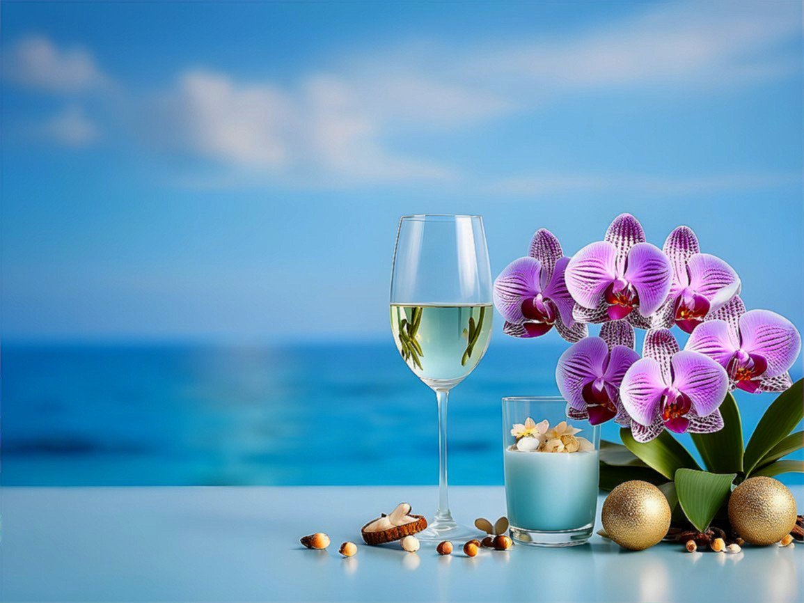 Coastal Scene with Wine and Purple Orchids