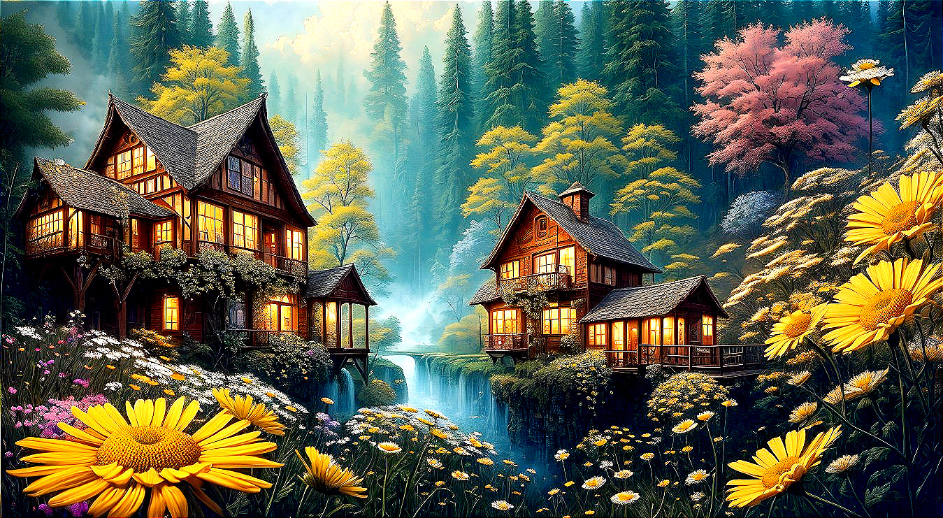 Tudor-style houses near waterfall in forest landscape
