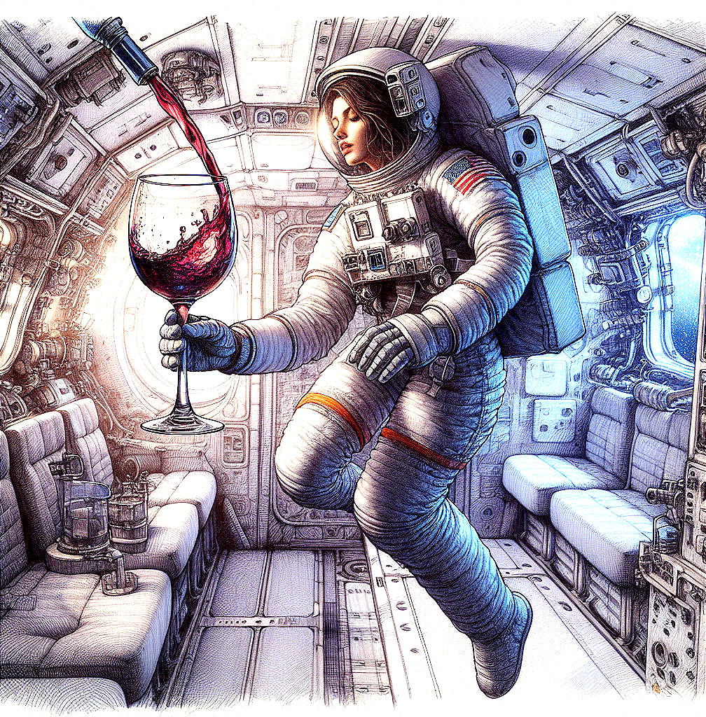 Astronaut Enjoying Red Wine in Spacecraft Interior