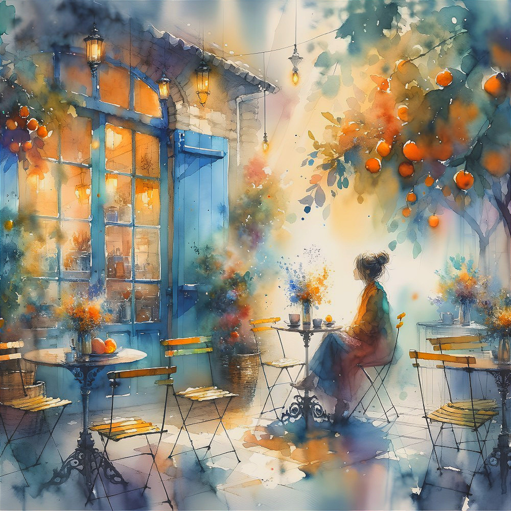 Serene outdoor café scene with lanterns and sunset