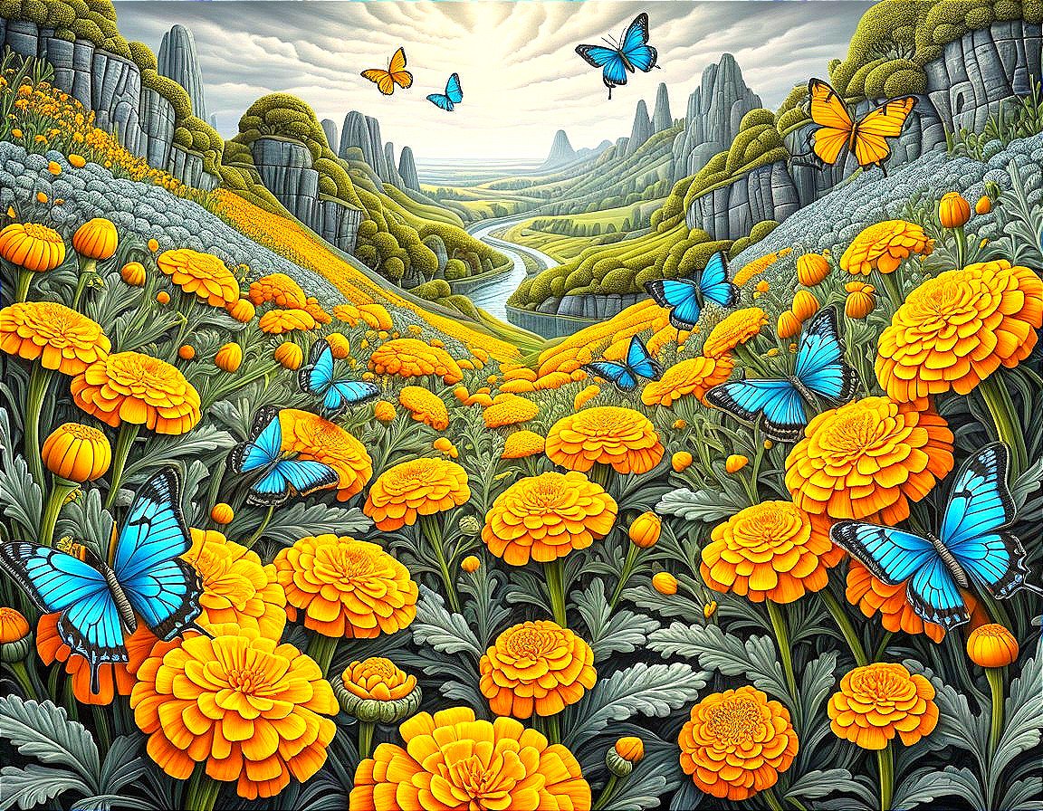 Vibrant Landscape with Hills, Marigolds, and Butterflies