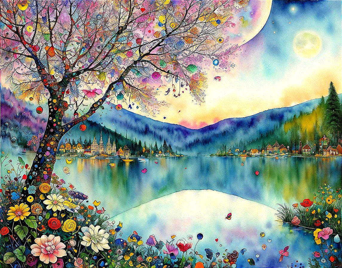 Colorful painting of blooming tree, flowers, lake, and mountains under starry sky.