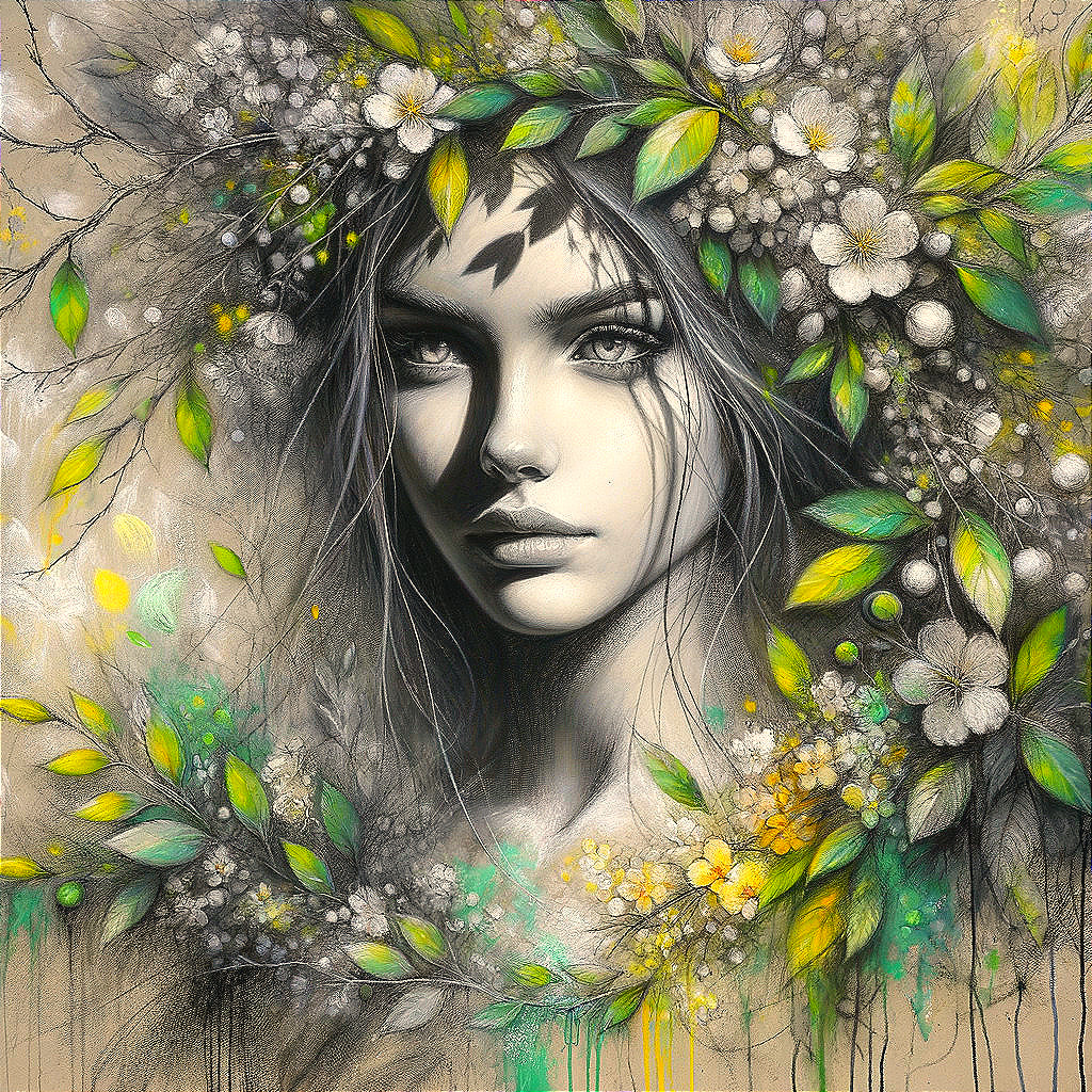 Portrait of a woman with floral and leafy elements