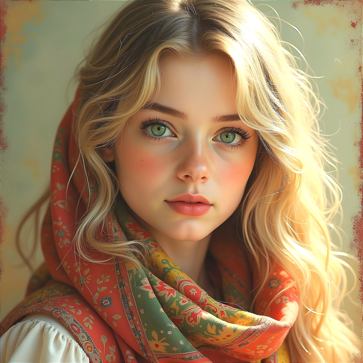 Young woman with blonde hair and green eyes in scarf