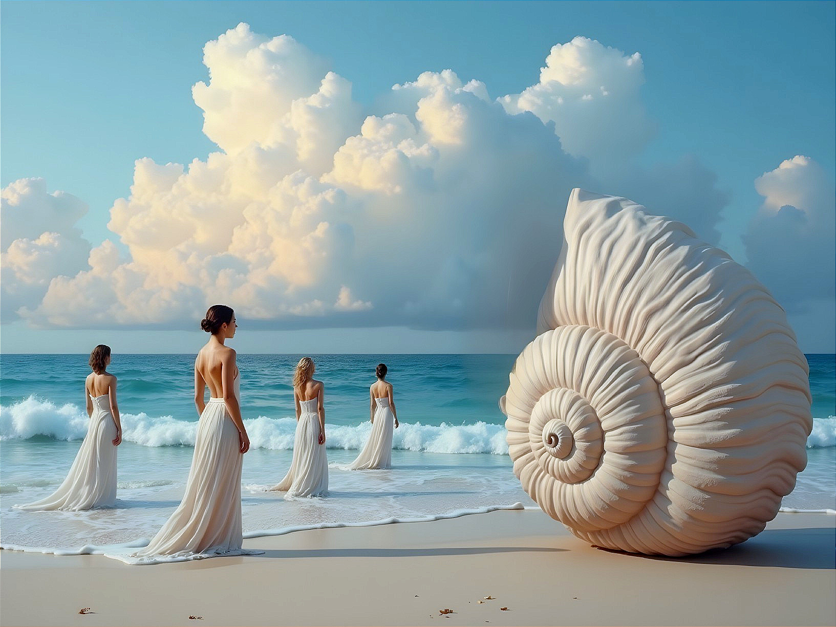 Figures in White Dresses by Serene Beach and Seashell