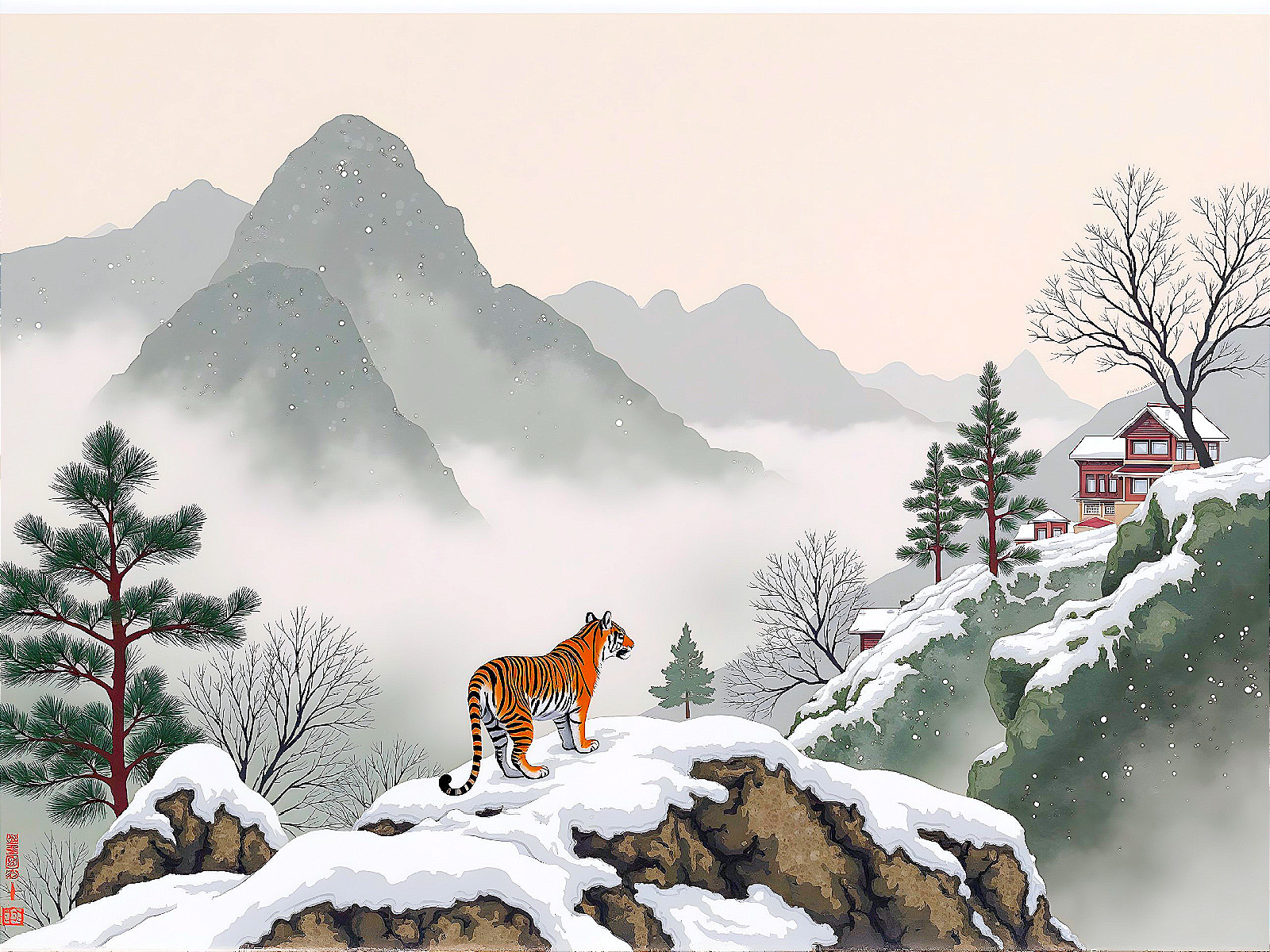 Tiger on Snowy Mountain Peak with Scenic Landscape