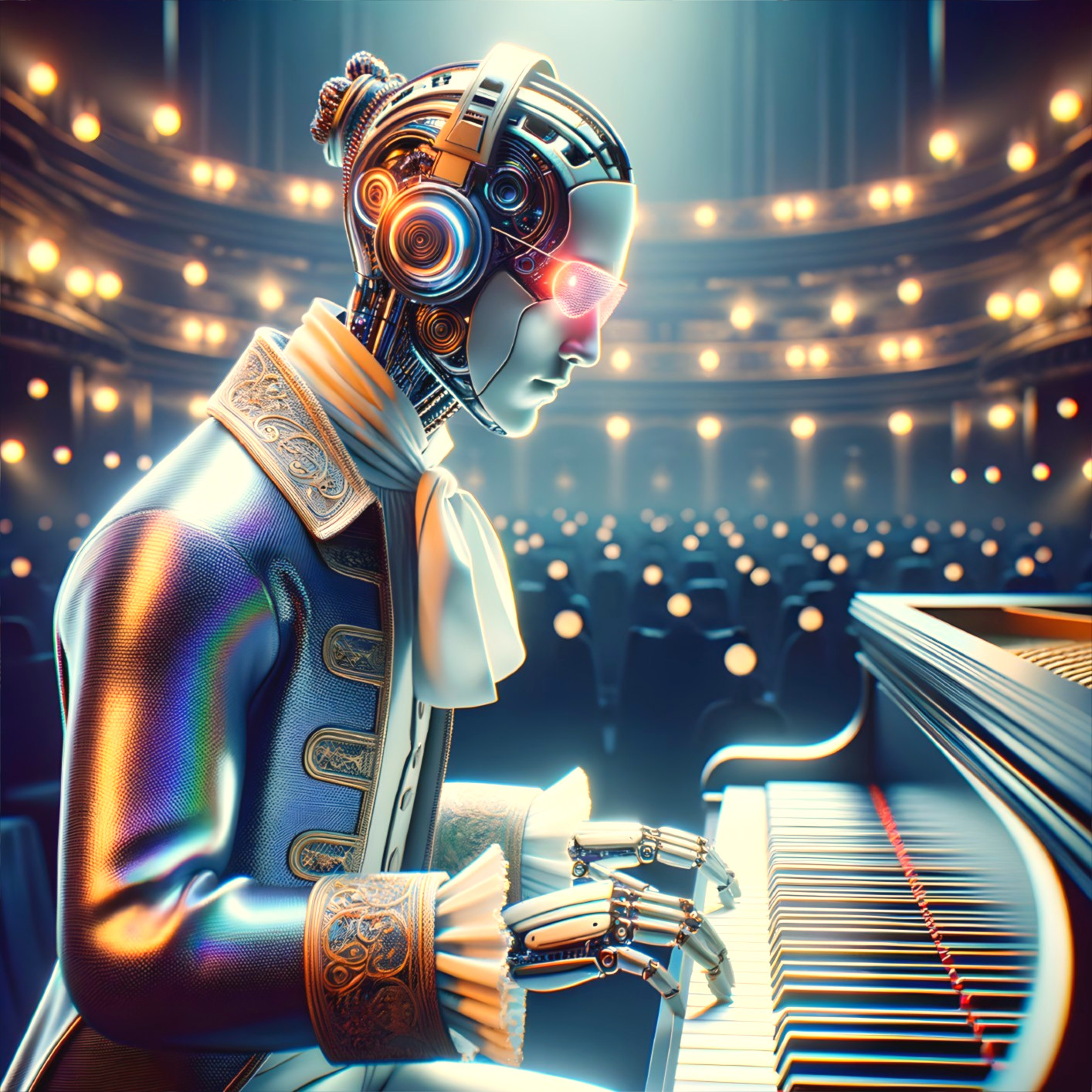 Futuristic Robot Playing Piano in Elegant Theater