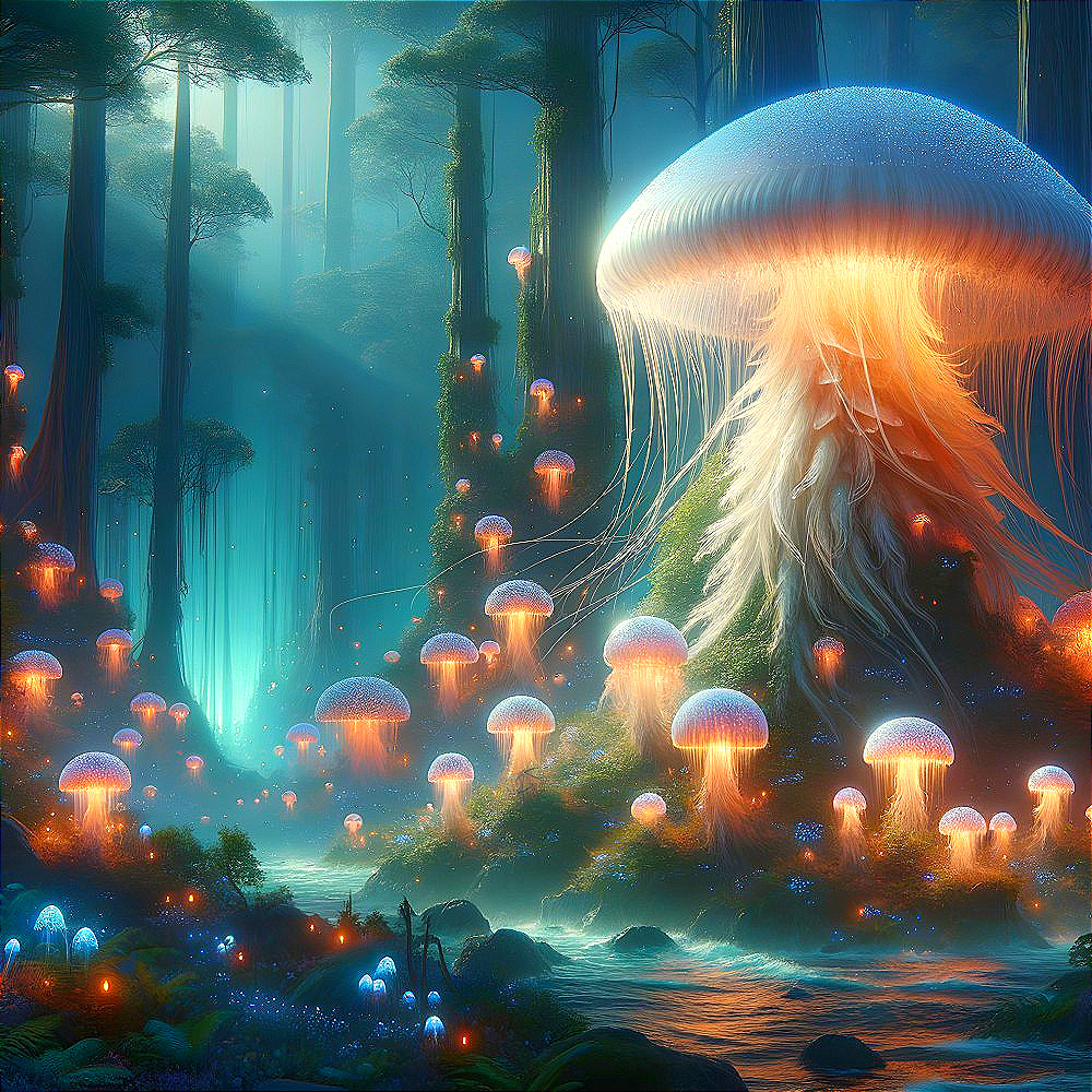 Magical forest with glowing jellyfish and bioluminescent plants