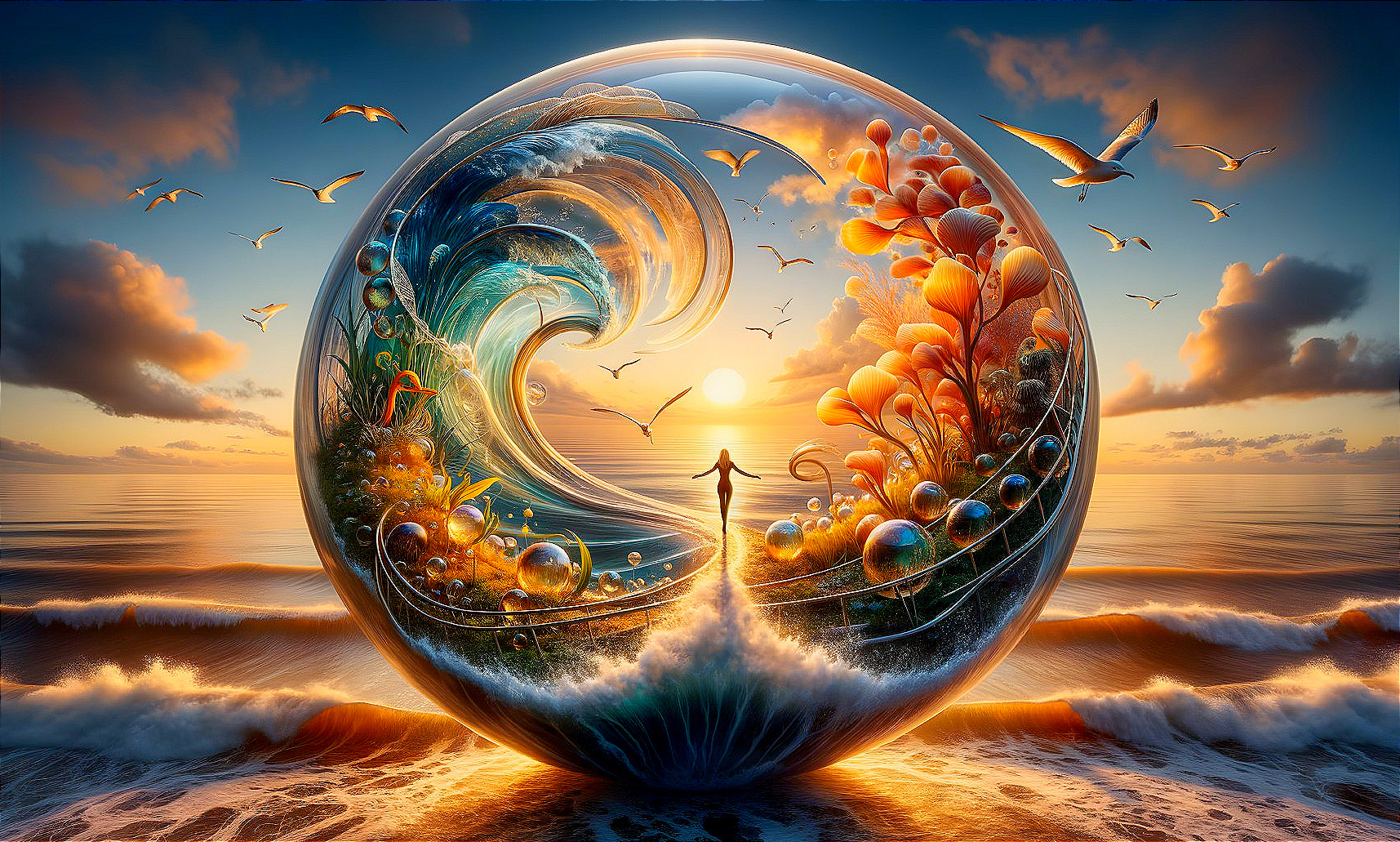 Surreal beach sunset scene with person in water-filled orb, fish, coral, and flying se