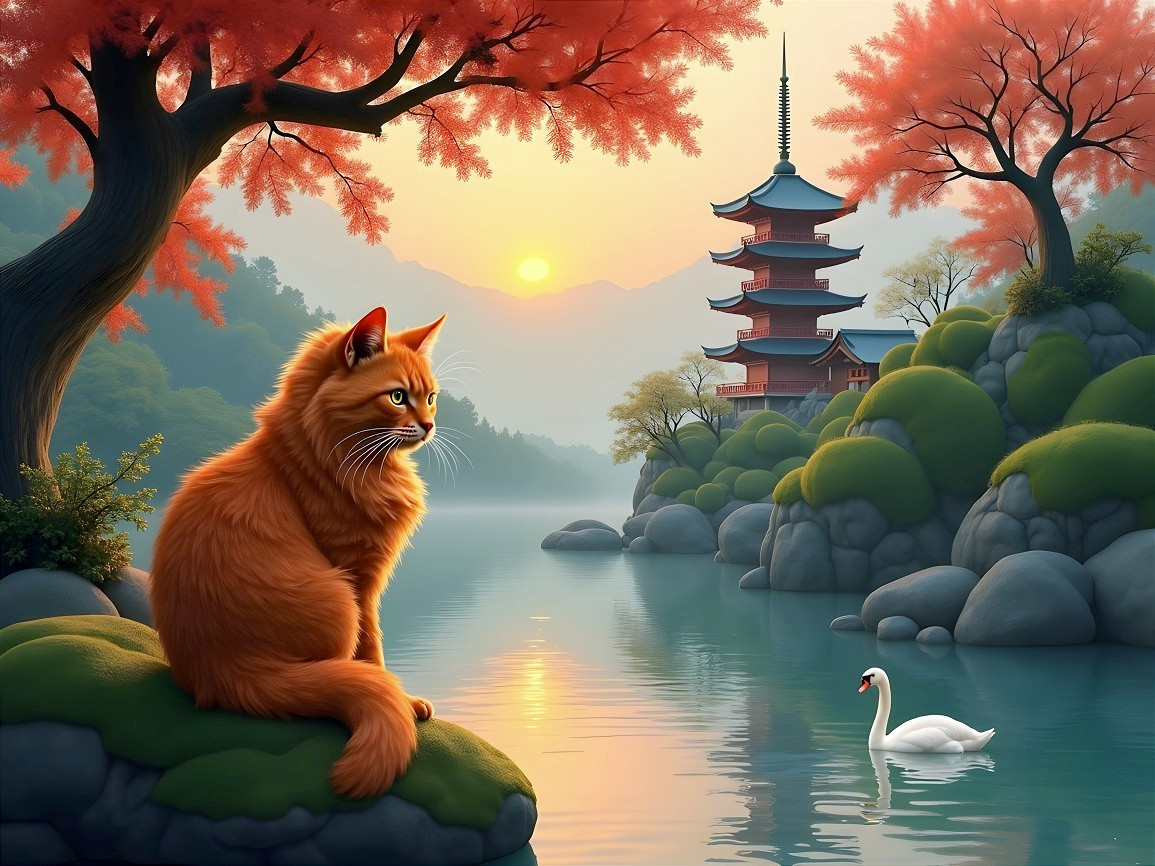 Orange Cat by Tranquil Lake with Autumn Foliage