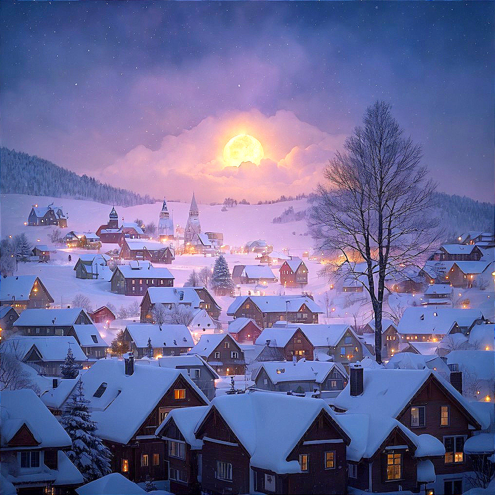 Snowy village at dusk: Warmly lit houses, glowing moon, church silhouette