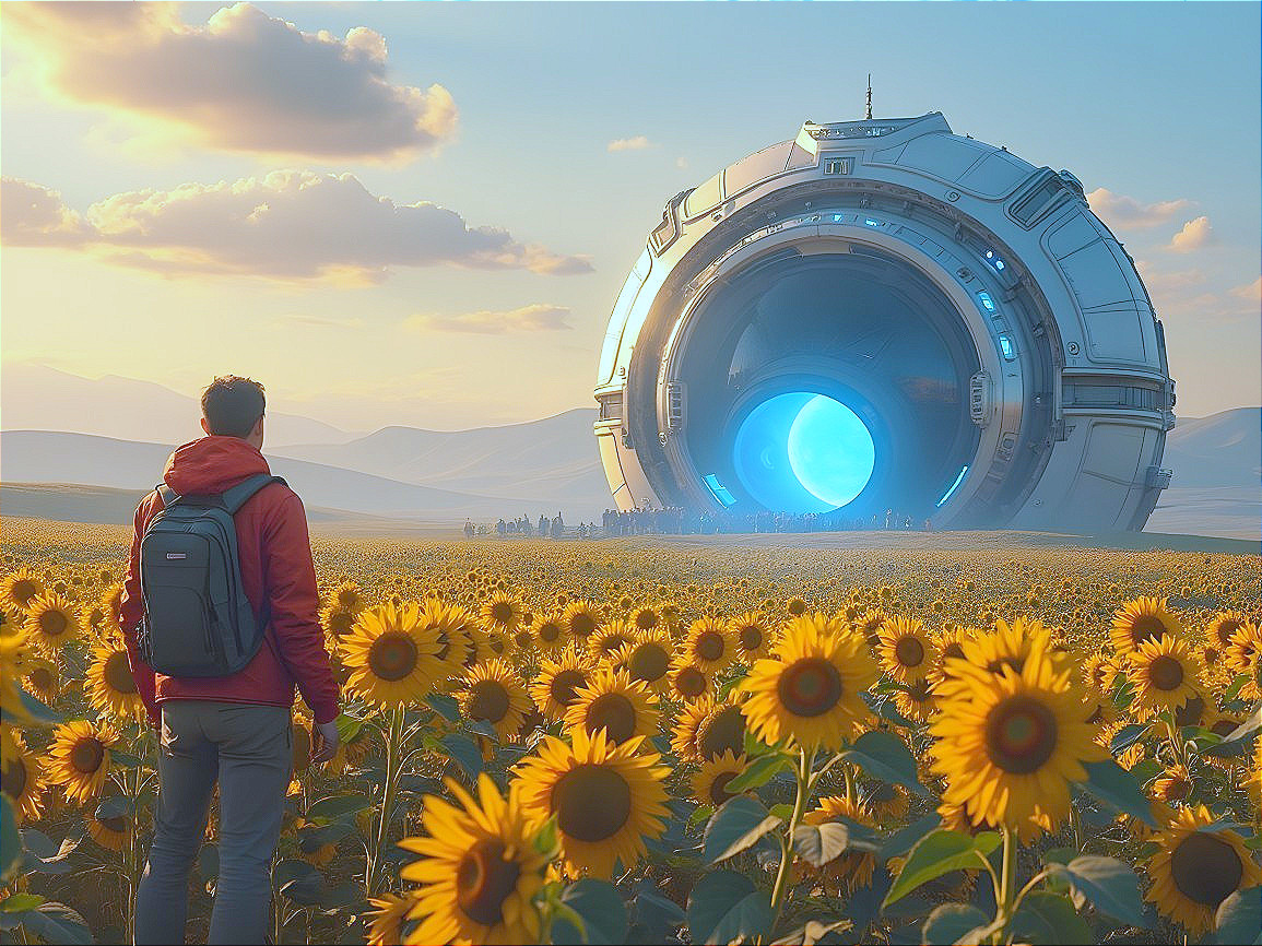 Person in red jacket at sunflower field with portal