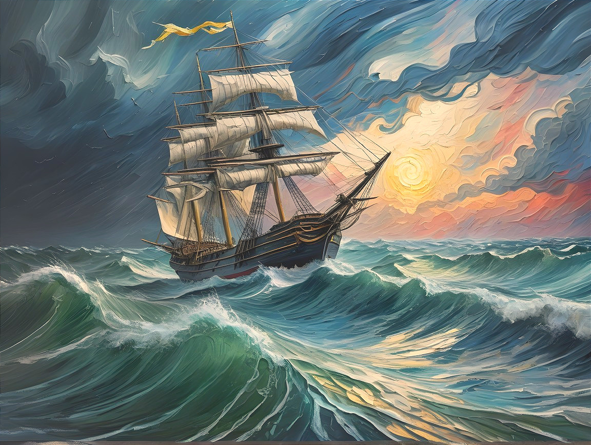 Majestic Sailing Ship Navigating Turbulent Waves