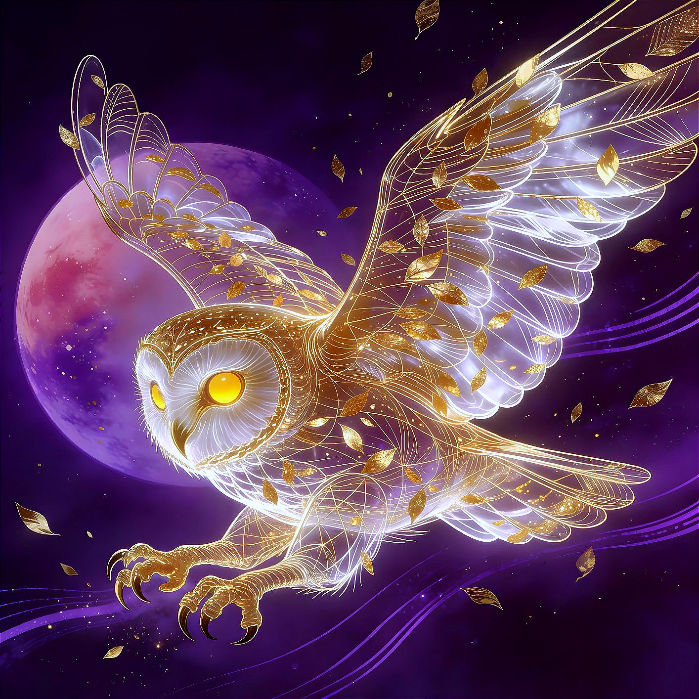 Glowing Owl with Gold Leaves on Dark Astrological Background