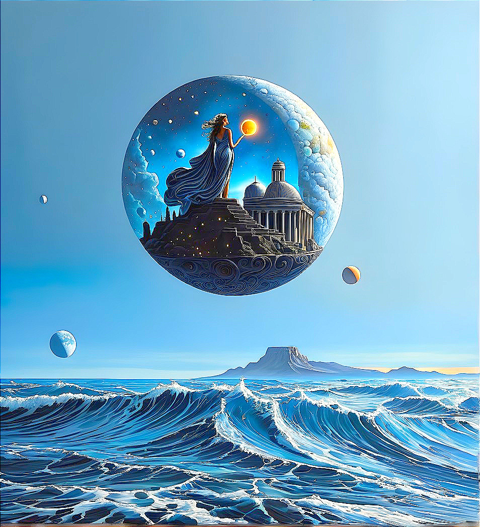 Fantastical Scene with Majestic Figure and Cosmic City