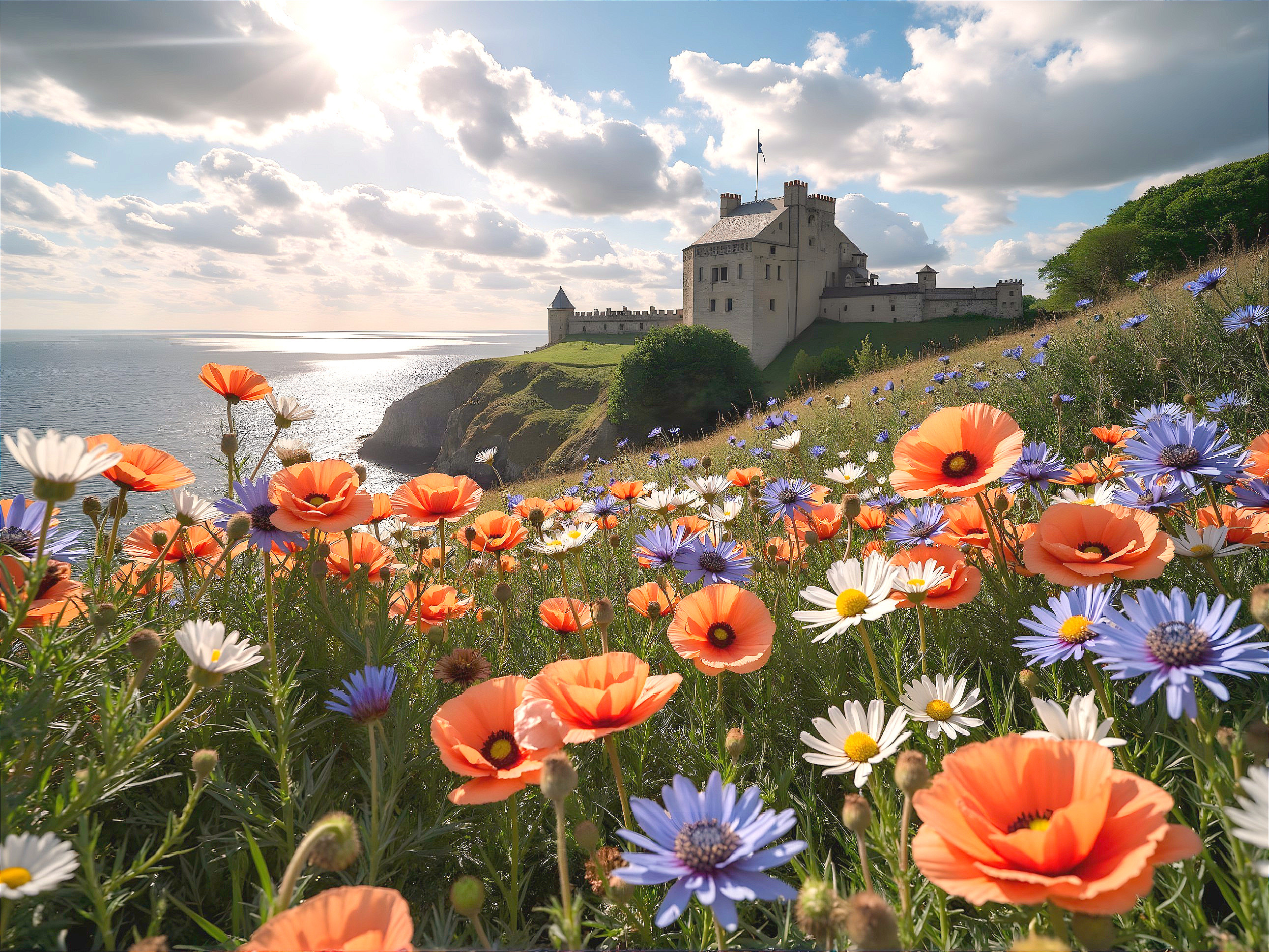 Majestic castle on a green cliff by the sea