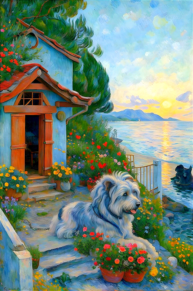 Cozy Cottage at Sunset by the Sea with Flowers and Dog