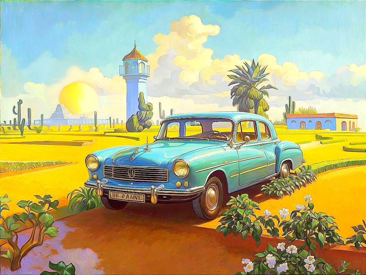 Vintage Turquoise Car in Vibrant Flower Landscape
