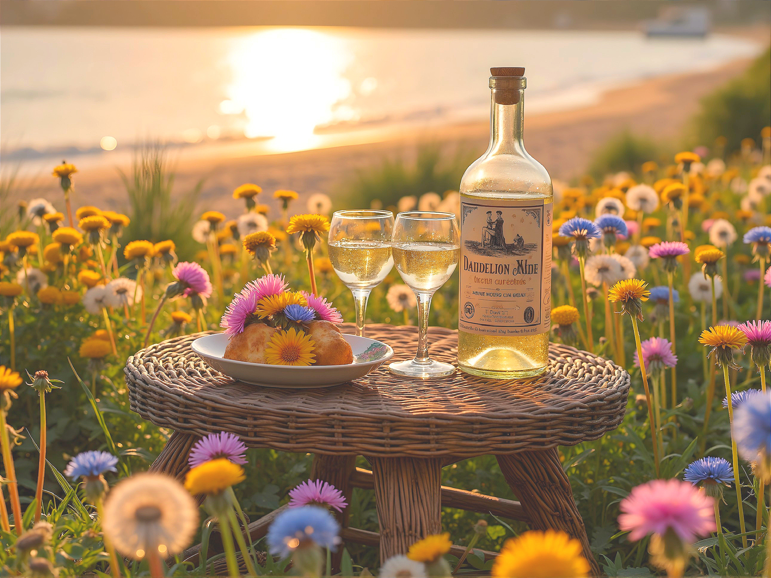 Serene Beach Sunset with Wildflowers and Refreshments