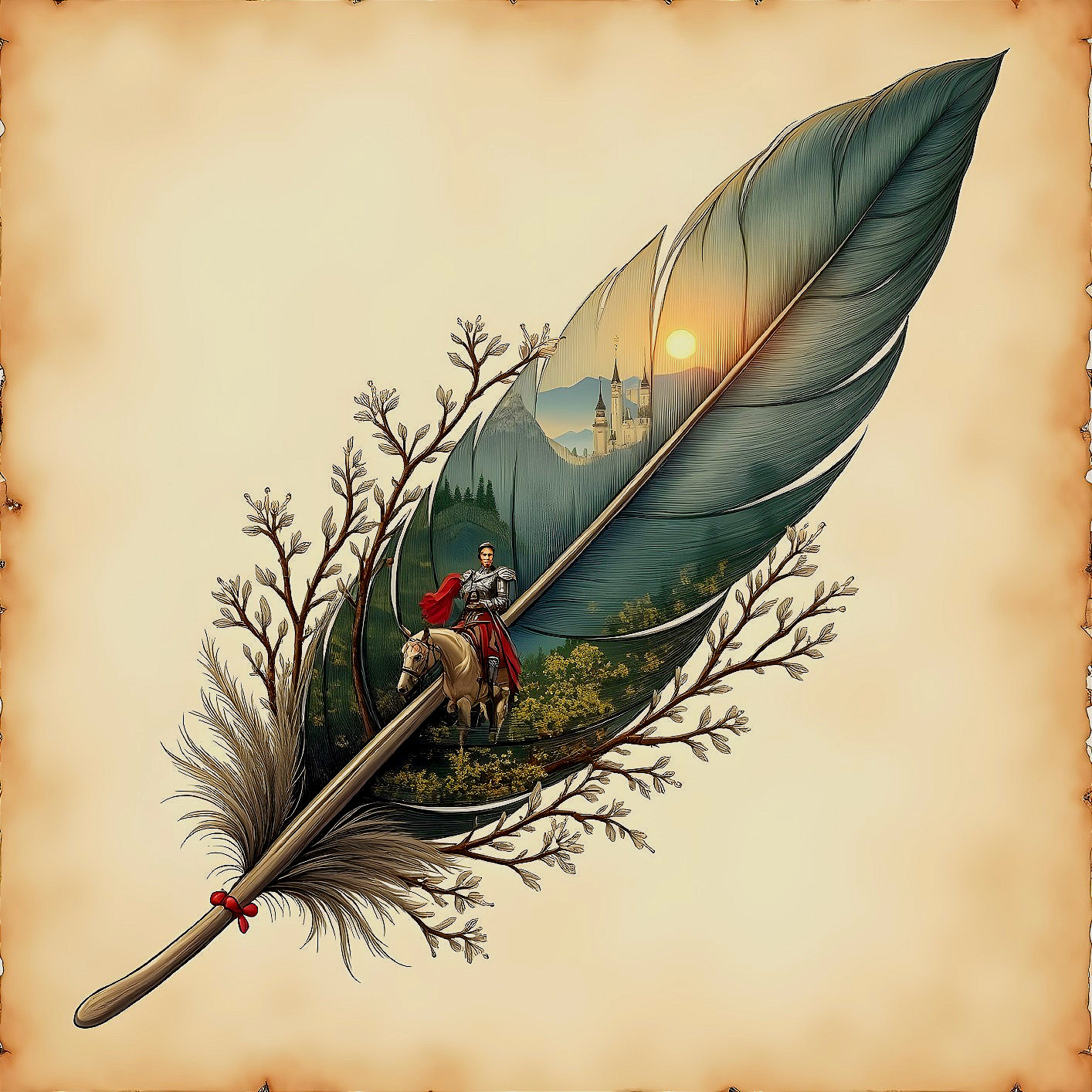 Intricately Detailed Quill with Landscape Scene