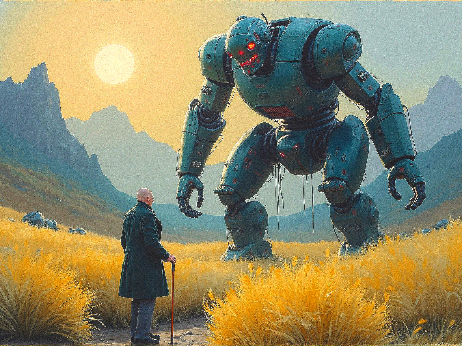 Retro-futuristic robot towers over elderly man in field