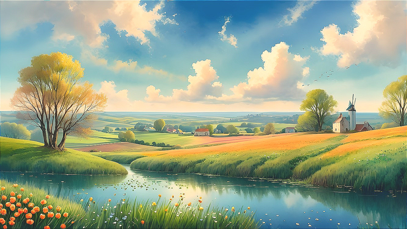 Serene Landscape with Fields, River, and Cottages