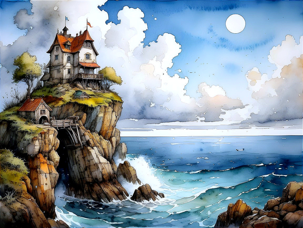 Whimsical Seaside Landscape with Cliffside House