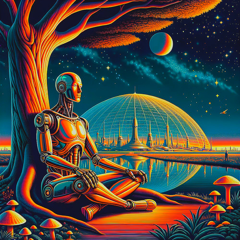 Futuristic Humanoid Robot Meditating by a Lake
