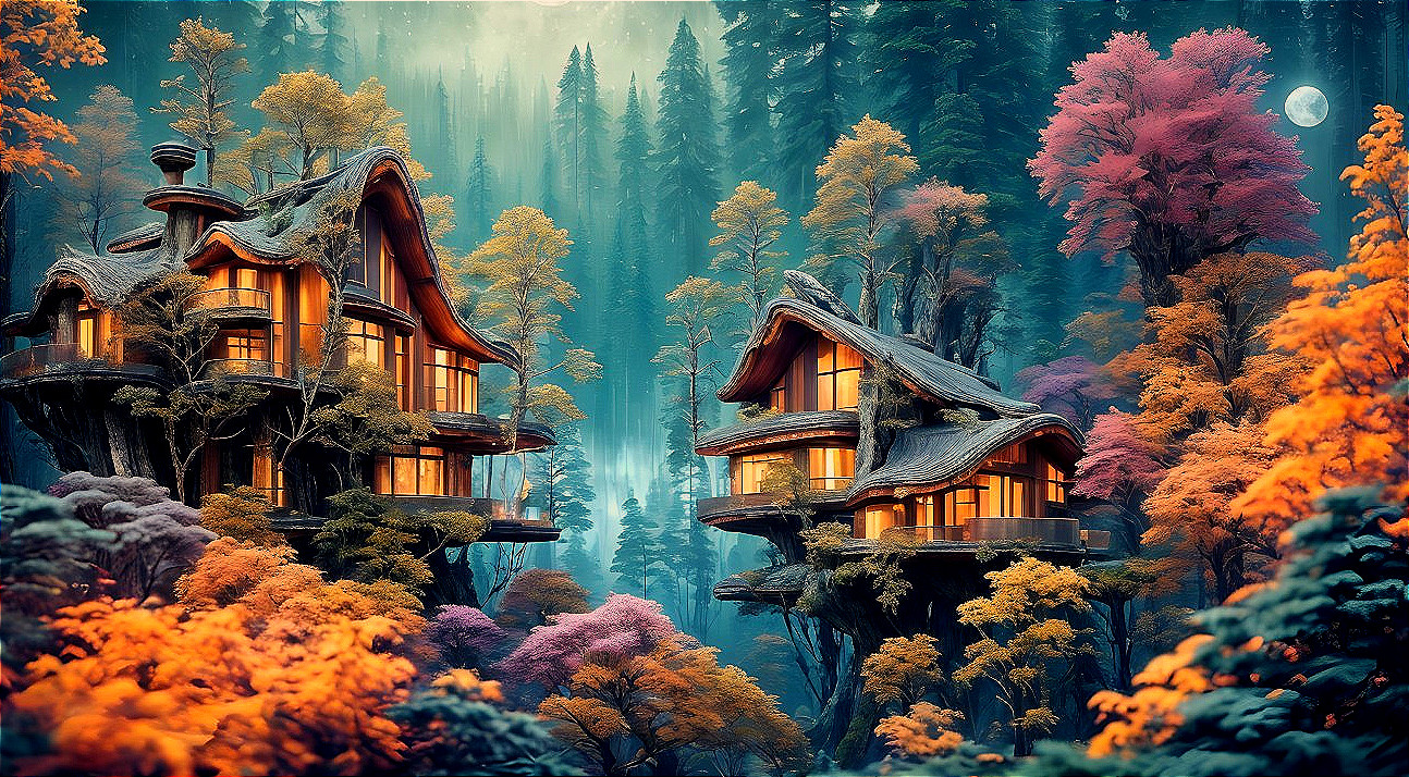 Asian-style structures in colorful moonlit woodland landscape
