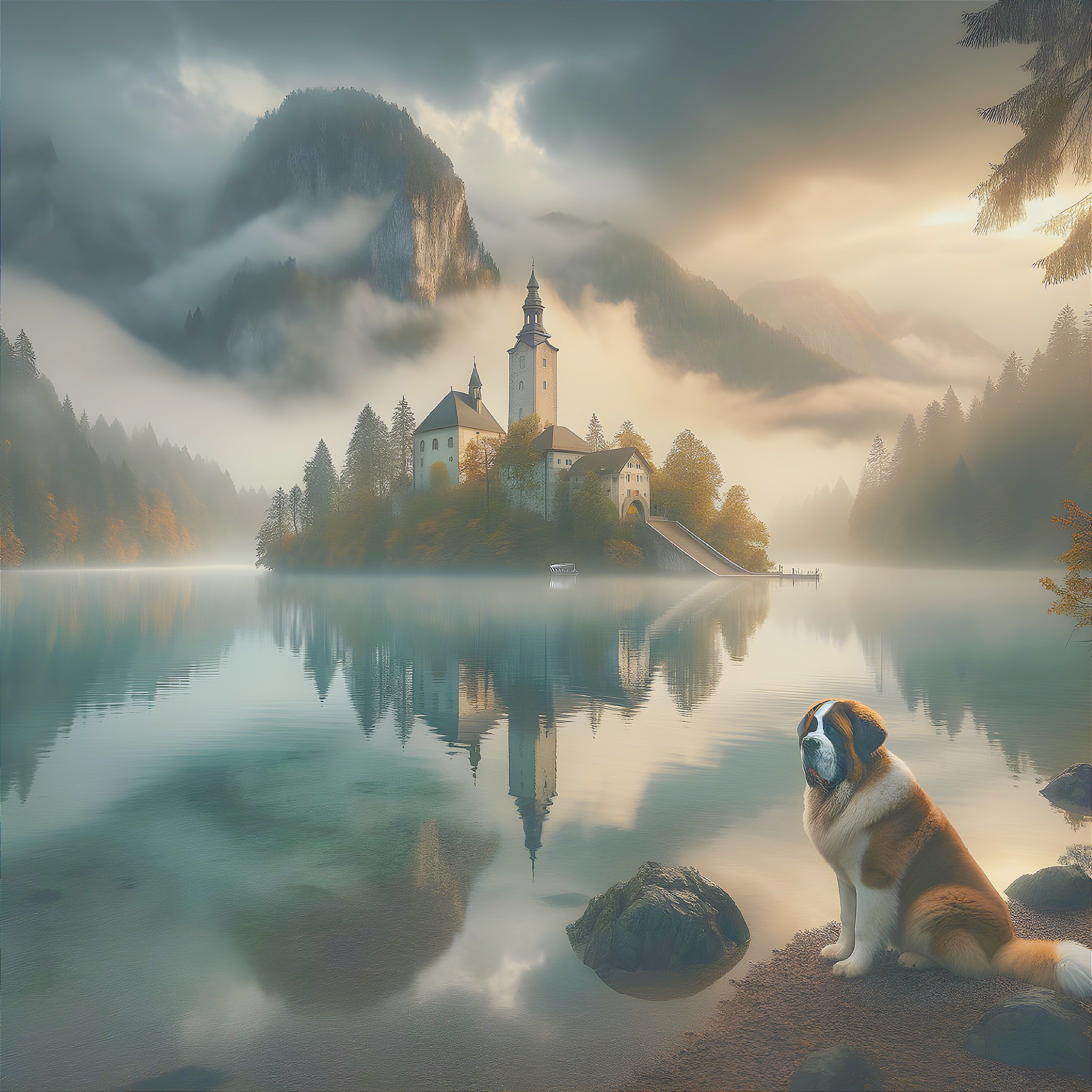 Tranquil Lake Landscape with Misty Mountains and Castle