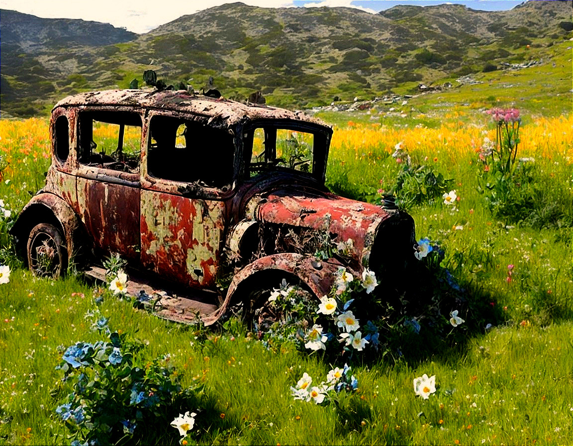 Abandoned rusty car in vibrant wildflower field