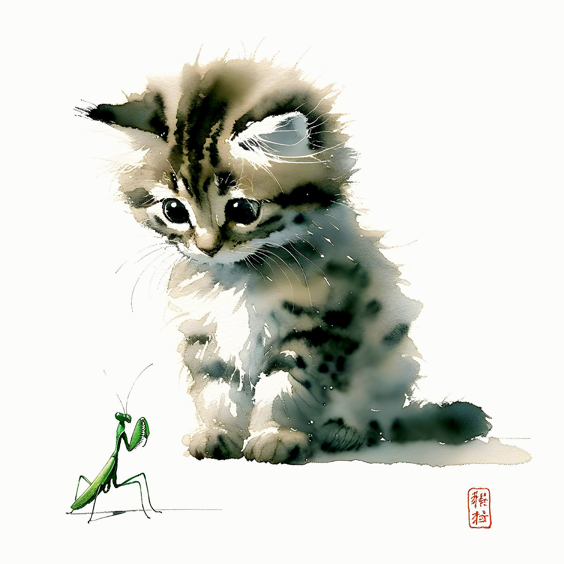 Watercolor Painting of a Tabby Kitten and Mantis