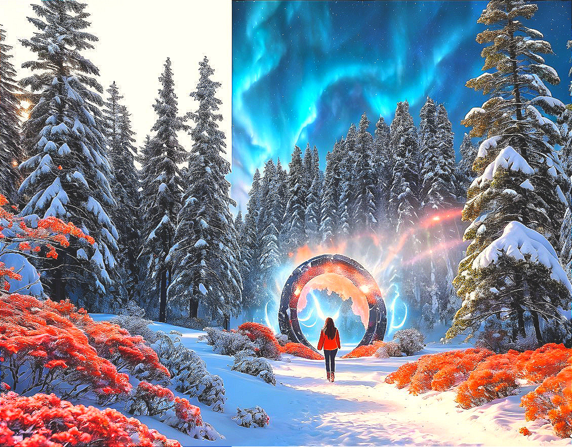 Winter Landscape with Snowy Pines and Cosmic Portal