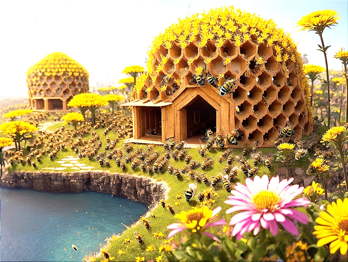 Whimsical Bee Houses in a Vibrant Natural Setting