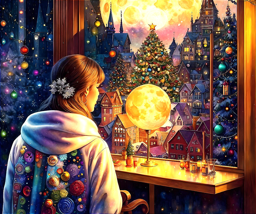 Celestial-patterned cloak figure views festive night scene